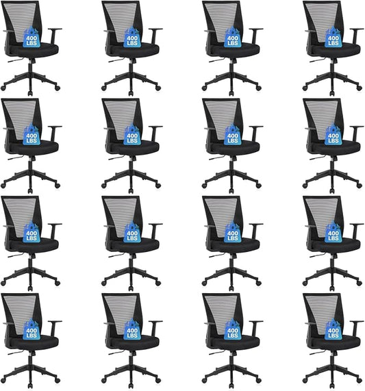 CLATINA Big and Tall Office Chair, Heavy Duty Ergonomic Mesh Computer Desk Chair with Armrests, Adjustable Height Rolling Swivel Mid Back Executive Task Chairs for Home Office Conference, Black, 16PK