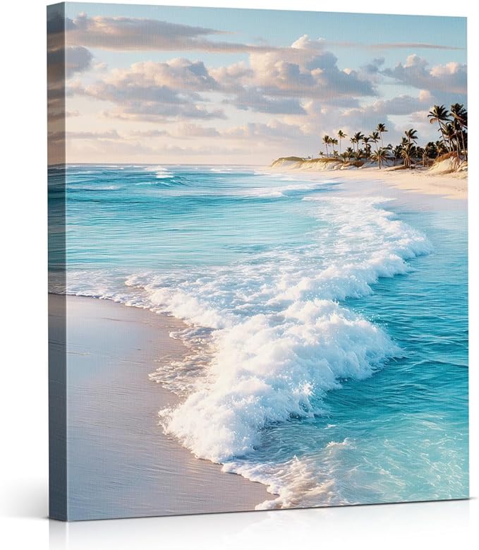 Coastal Ocean Wave Wall Art Decor Seascape Beach Painting Picture Artwork Blue Ocean Aesthetic Wall Decor for Home Beach Room Bedroom 8x10 Canvas Framed