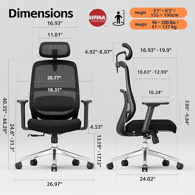 Ergonomic Office Chair, Home Office Desk Chairs, 3D Lumbar Support High Back Desk Chair, Comfortable Computer Chair & Gaming Chair for Office & Home - Black