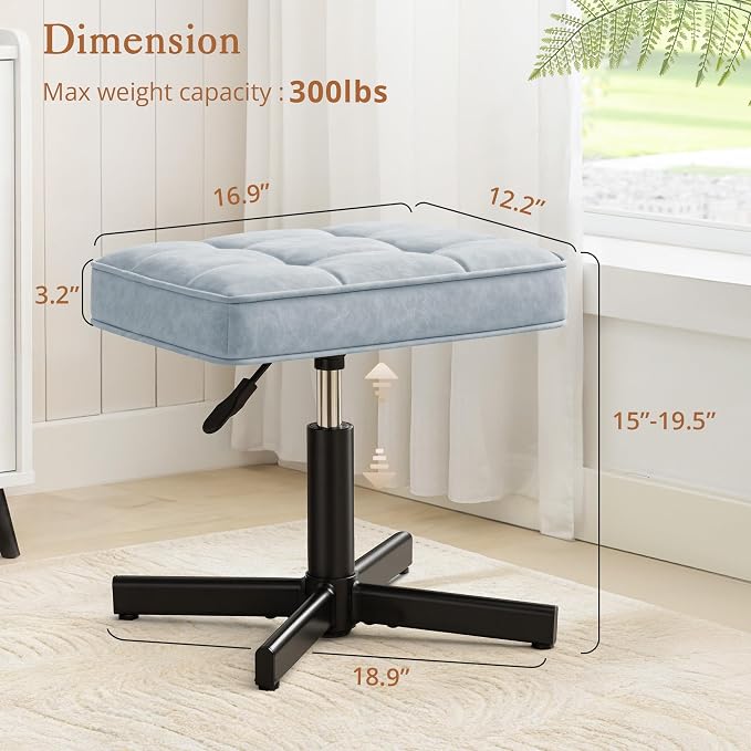 LUE BONA Adjustable Vanity Stool, 15''-19.5'' Foot Rest Under Desk, 360° Swivel Vanity Chair for Makeup Room, Blue Upholstered Faux Leather Ottoman for Bathroom & Living Room, 300lbs
