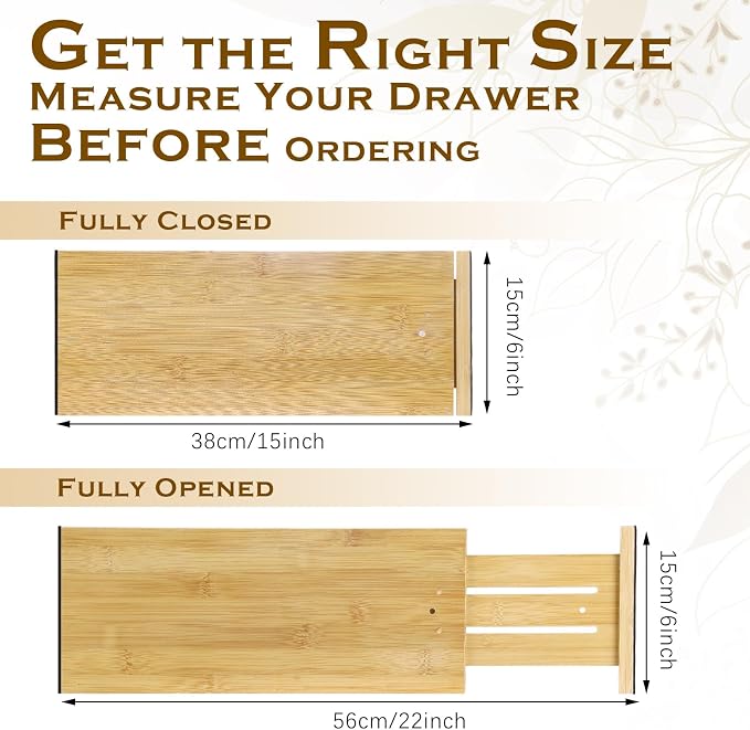 DoubleFill 8 Pcs Deep Bamboo Drawer Dividers, Deep Kitchen Dresser Drawer Organizer with Spring Loaded for Clothes, Adjustable Expandable from 15-22 Inch (Wood Color,6 Inch)