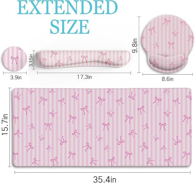 LIMKRIAN Pink Striped Mouse Pad with Wrist Rest Desk Mat Set for Keyboard | Non-Slip PU Base, Stitched Edges, Gel Wrist Rest Eases Pain, Smooth Surface, 35.4x15.7in, Office/Gaming/Home Pink Desk Decor