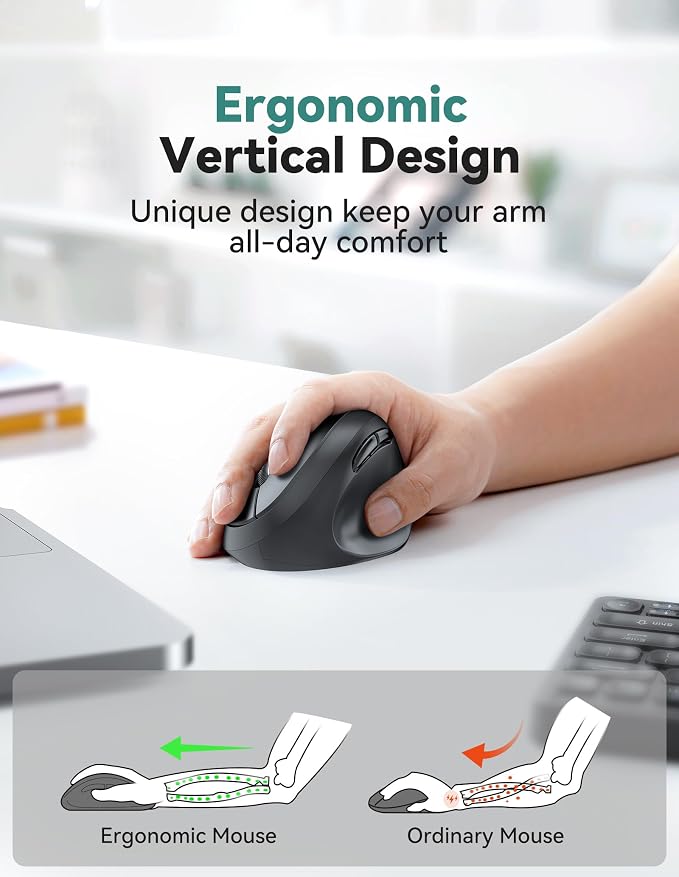 TECKNET Ergonomic Mouse, 4800 DPI 5 Adjustable DPI Levels, Wireless Vertical Mouse, 6 Buttons, 2.4G Silent Mouse for Laptop, PC, Chromebook, Mac - Black