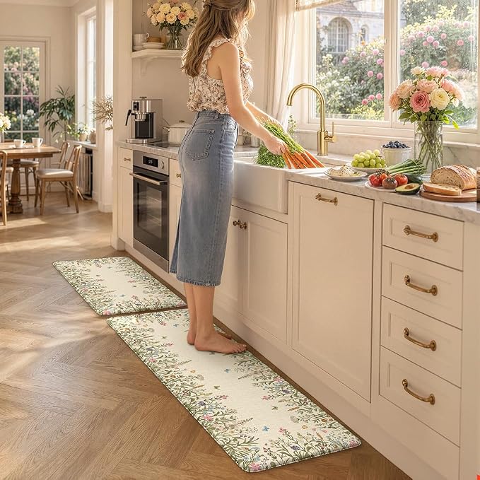 KIMODE Kitchen Mats Cushioned Anti Fatigue 17"x47"+17"x29", Farmhouse Kitchen Mats for Floor 2 Piece, Padded Kitchen Floor Mats Non Slip, Cream Wildflower Standing Mat for Laundry Bath Sink Office