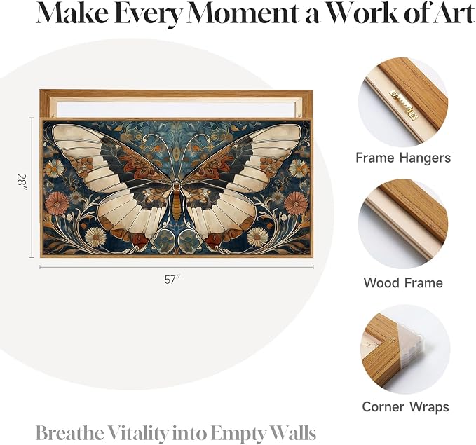 Framed Vintage Butterfly Wall Art for Living Room, Extra Large Horizontal Canvas Artwork Decor, Retro Rustic Picture Print Painting for Bedroom Hallway 60x30 Inch