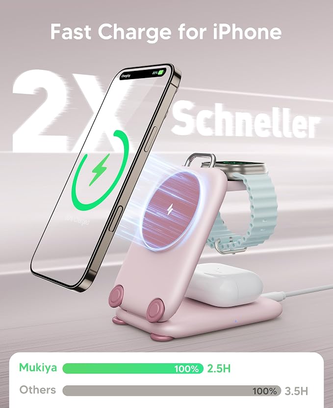 PaktVault 2026 Traveling Fast Wireless Charging Station for Apple Devices, Magnetic 3 in 1 MagSafe Charger Stand for iPhone 17 16 15 14 13 12 Pro Max Plus Air, Apple Watch&Air pods Pro, Pink