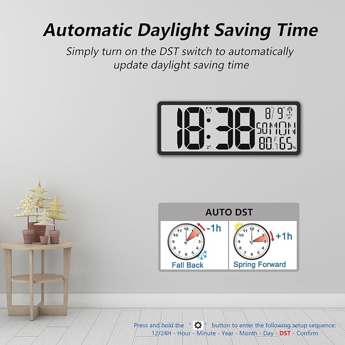 Digital LCD Atomic Desktop Clock, 7.8" Screen with Time, Date, Temperature, Humidity, Alarm, Snooze, DST, Time Zone for Home, Office (No Backlight)