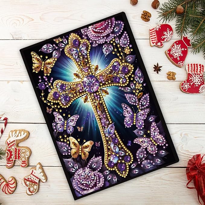 FRANDEK A5 50-Page DIY Diamond Art Painting Notebook with Beautiful Patterns, Purple Cross Special Shaped Diamond Art Craft for Beginners Creative Gift for adults June Back To School