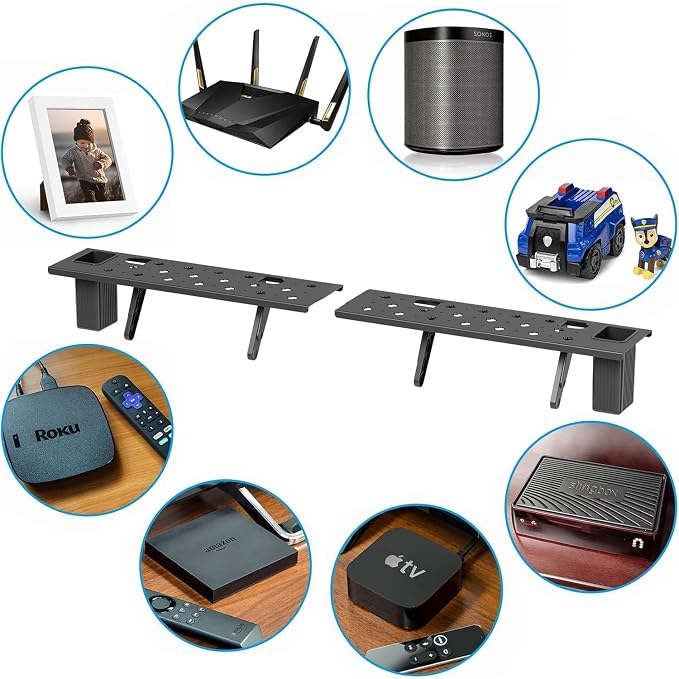33.46 inch TV/PC Top Shelf Mount for Routers with 2 Storage Boxes | Adjustable Monitor Top Shelf Wide Platform Screen Storage Bracket, TV Mounted Shelf for Cable Boxes, Remote, Games Consoles