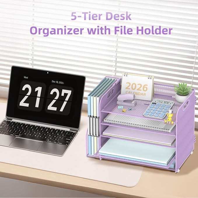5-Tier Desk Organizer with File Holder, Paper Organizer for Desk, Purple | 5 Letter Trays and Vertical File Holder with Metal Mesh Frame for Papers Folders Books and Mail in Office Home or School