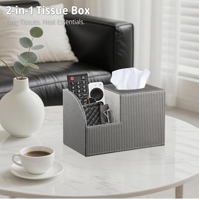 Square Tissue Box Cover with Storage, PU Leather Facial Cube Tissue Holder | TV Remote Control Holder, Desk Accessories Nightstand Organizer, Modern Table Caddy for Bathroom, Bedroom, Home, Office Decor