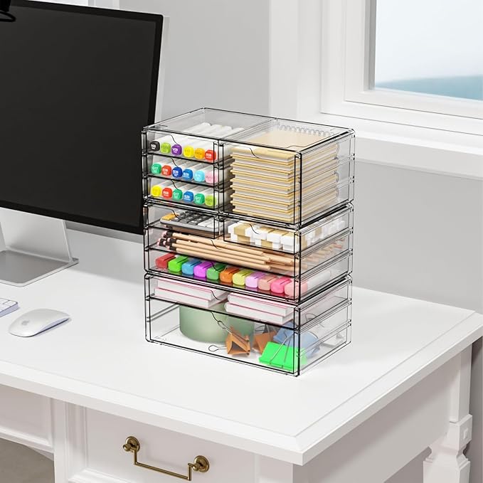 3Pack Clear Drawer Organizers Stackable,Acrylic Storage Drawers With 10 Drawers,Multipurpose Office Supply Organizer and Makeup Organizer for Beauty,Craft,Pen,Medical,Stationary Desk Organizers