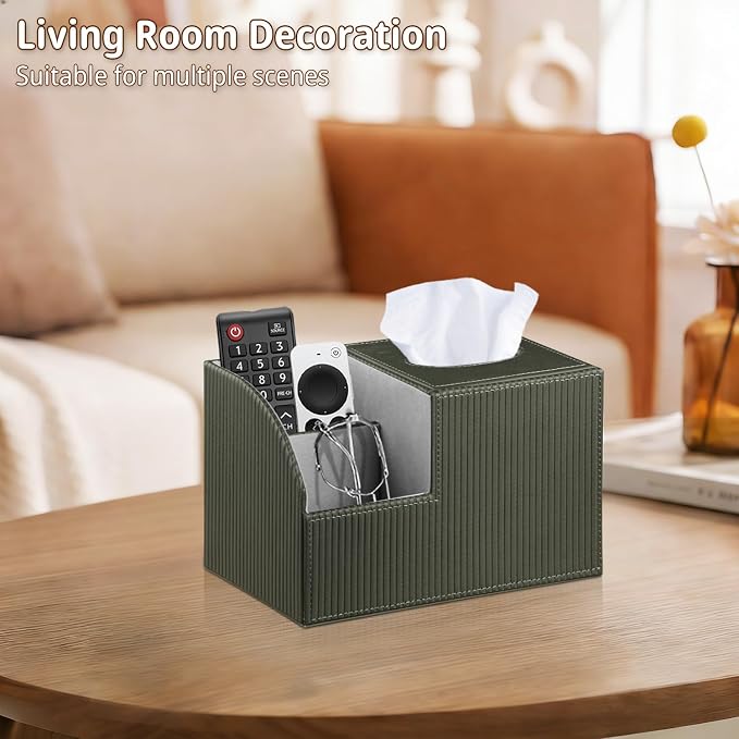 PU Leather Square Tissue Box Cover with Storage,Facial Tissue Box Holder | Multi-Functional Tissue and Remote Control Holder,Cube Tissue Box Organizer/dispenser for Bathroom,Nightstand,End Table Decor