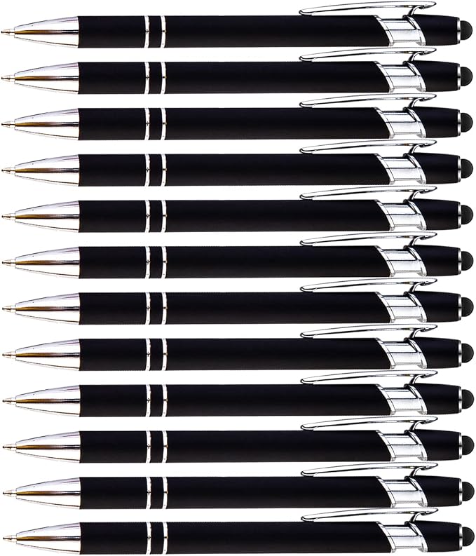 PASISIBICK 12-Piece Black Ballpoint Pen with Stylus Tip, 2 in 1 Stylish Metal Touch Screen Pen - Black Ink, 1.0 mm Medium Point - 5.5 x 0.4 inch / 14 x 1 cm