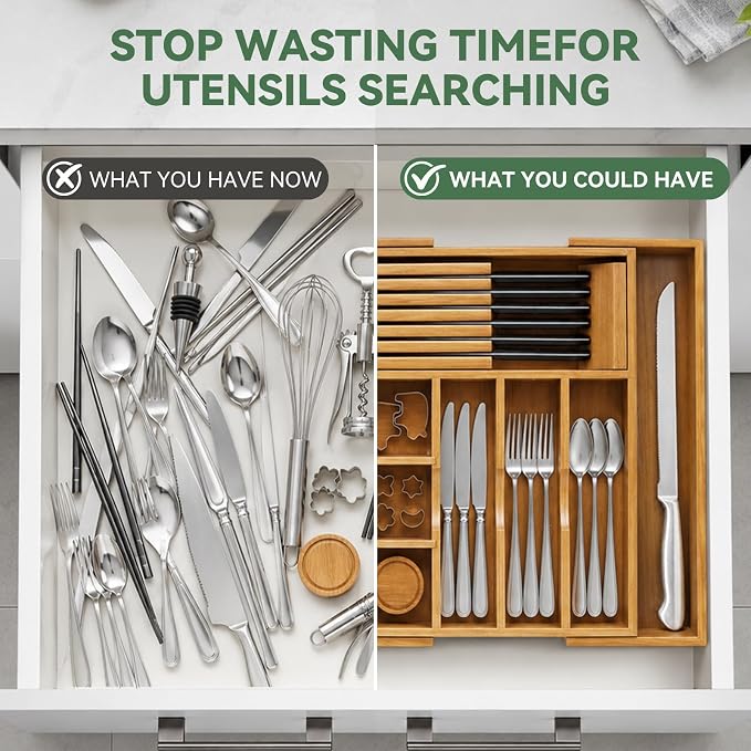 Luxury Teak Expandable Kitchen Drawer Organizer - Cutlery & Utensil Tray | Solid Teak Silverware & Flatware Organizer, 9 Compartments, Removable Knife Block & 2 Adjustable Dividers for Kitchen Cabinet