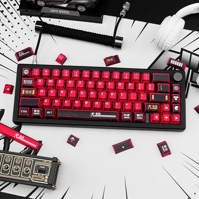 Red and Black PBT Keycaps Set 135 Keys Cherry Profile Manga Japanese Style Keycaps Cherry Mx Gaming Keyboard Keycap Set for ANSI Layout Mechanical Keyboard