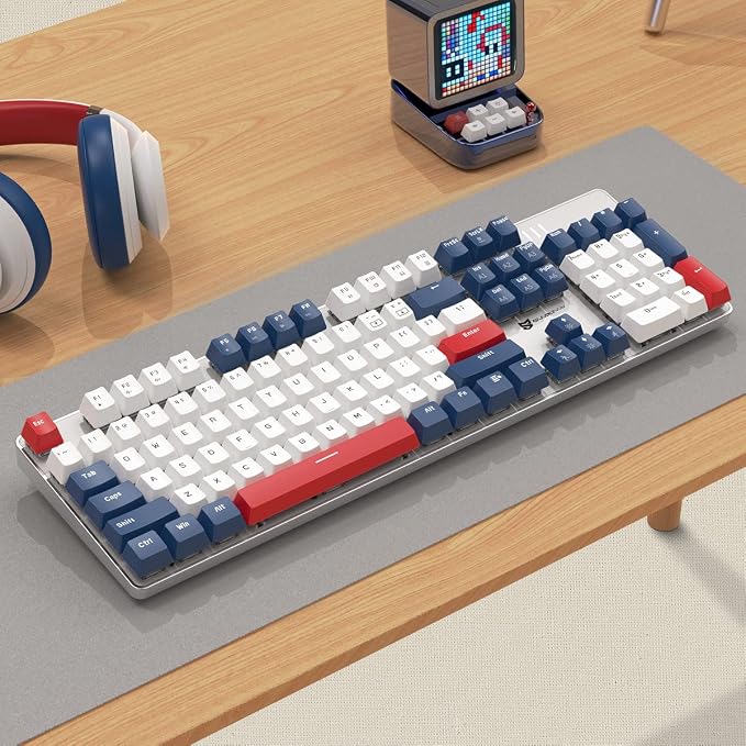 104 Keys Full Size Mechanical Gaming Keyboard | Blue Switch Blue/White/Red Combo Color Computer Keyboards | Hot Swappable US Layout Wired Mechanical PC Gaming Keyboard | Light Up Wired Keyboards