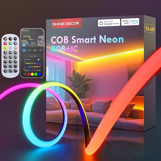 Shine Decor COB RGB+IC LED Neon Rope Light, 24V Color Changing Rope Light Compatible with Alexa, Google Assistant, Waterproof Neon Light Strip with Remote for Bedroom Gaming Room Party, 13x6mm, 16.4FT