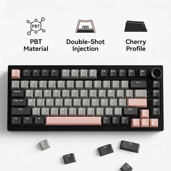 124 Keys Black Grey Pink Keycaps, PBT Double Shot Cherry Profile Keycap Set, Custom Mechanical Keyboard Keycaps for 60% 65% 75% 87% 100% ANSI Layout，Cherry Mx Switches