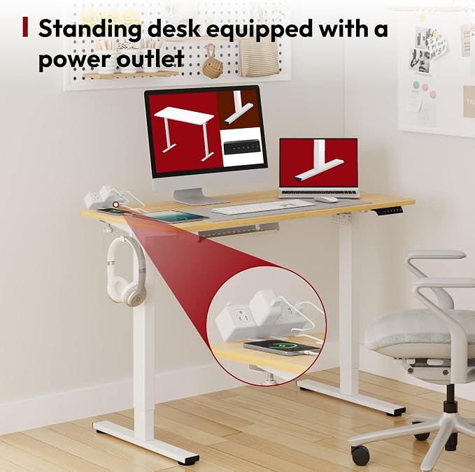 SANODESK Electric Standing Desk with Desk Clamp Power Strip 48"x 24" Whole-Piece Desktop Height Adjustable Stand Up Desk with Cable Management Sit Stand Home Office Desk White Frame/Maple Top
