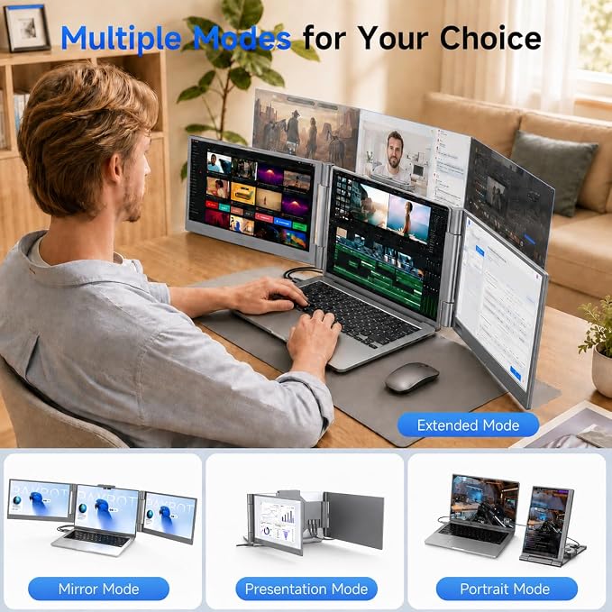 AOC 14" Laptop Screen Extender, Triple Portable Monitor for 13”-17.3" Laptops, 1080P FHD IPS Display, HDMI/USB-C Cable Plug-Play, Laptop Monitor Extender for Mac/Windows (Silver)