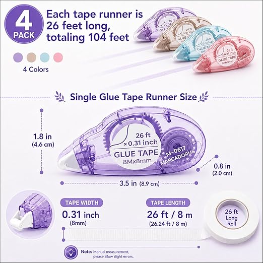 Glue Tape for Scrapbooking, Scrapbook Tape 4 Pcs, Double Sided Tape Roller for Crafts, 26 Ft x 0.31 In Tape Runner, Junk Journal Supplies, Scrapbook Supplies & Craft, Photo, Card Making Supplies.