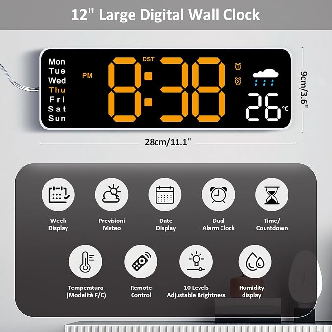 Digital Wall Clock, 12" Digital Clock with Remote Control, Date, Week, Temp, Humidity, DST, Timer, Auto-dimming for Living Room Classroom Gym Church Shop Garage