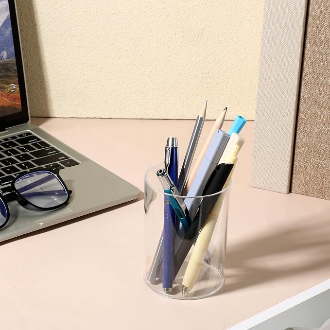 2 Pcs Acrylic Pencil Holders Cup Acrylic Makeup Brush Holder Clear Pen Holder Round Container Clear Brush Container for Home School Office Desk Accessory