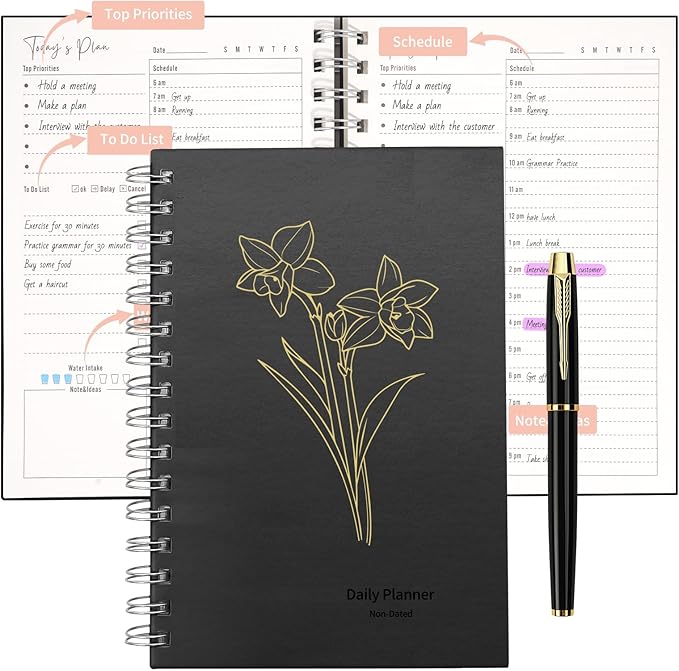 Vebermo 2026 Daily Planner Notebook, Spiral Journals with Pen Set, A5 Hardcover Academic Hourly Schedules Appointment Planner for Office Home School, Black
