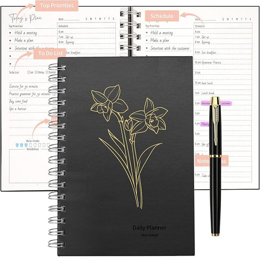 Vebermo 2026 Daily Planner Notebook, Spiral Journals with Pen Set, A5 Hardcover Academic Hourly Schedules Appointment Planner for Office Home School, Black