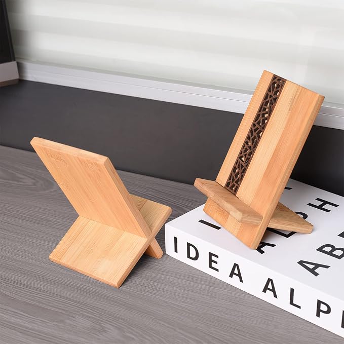 Mobile Stand Japanese Style Cellphone Holder Desktop Organizer Charging Station Compatible with All Smartphones Tablets Natural Bamboo Wood Portable Adjustable Angle (Pattern-NO Hole)