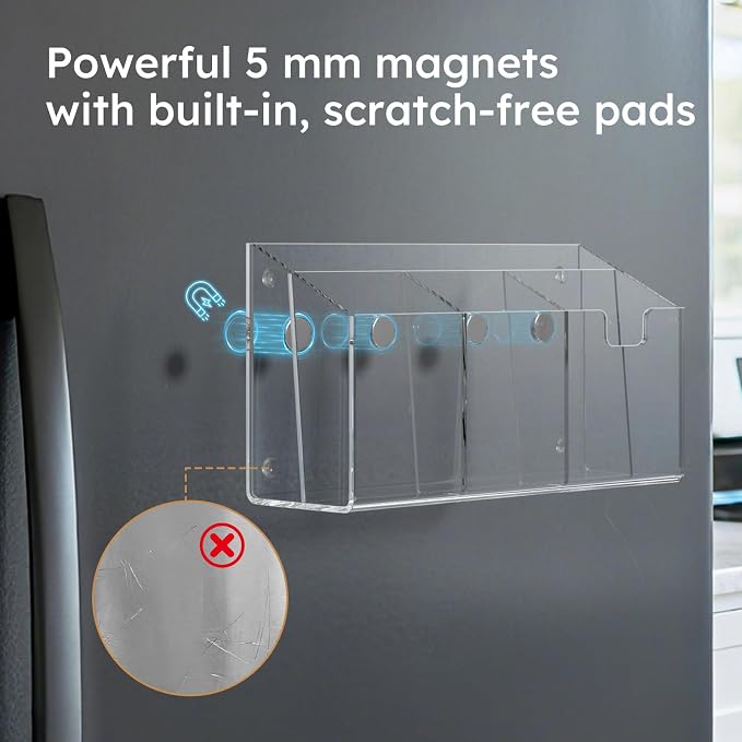 AITEE Large Magnetic Acrylic Fridge Organizer with 4 Strong Magnets | command center, non-slip pads, multi-compartment holder, stores mail bills pens scissors, for home kitchen office storage