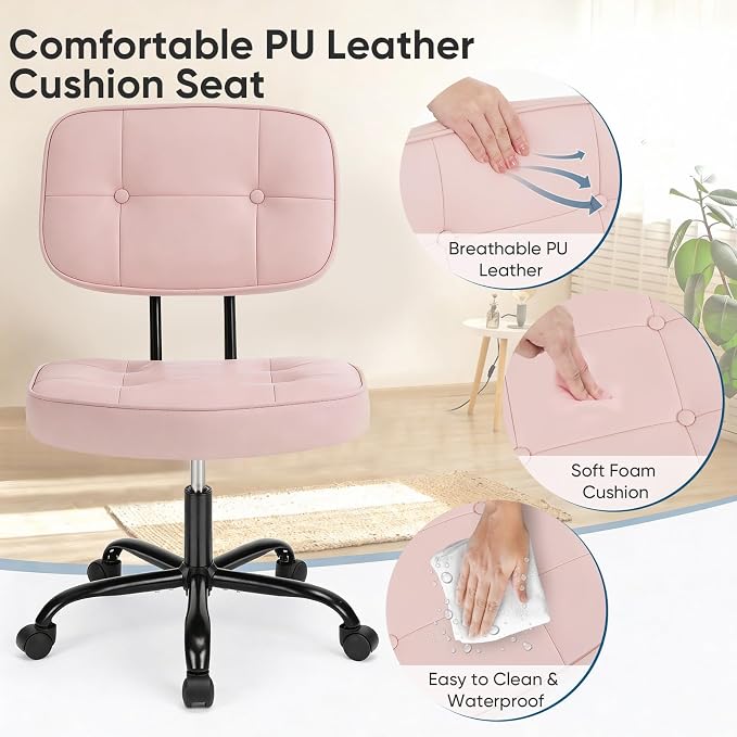 DUMOS Armless Office Desk Chair, Small Vanity Chair with Lumbar Support | PU Leather, 360° Rolling Swivel, Height Adjustable, Fit Computer Task, Bedroom Living Room, Pink