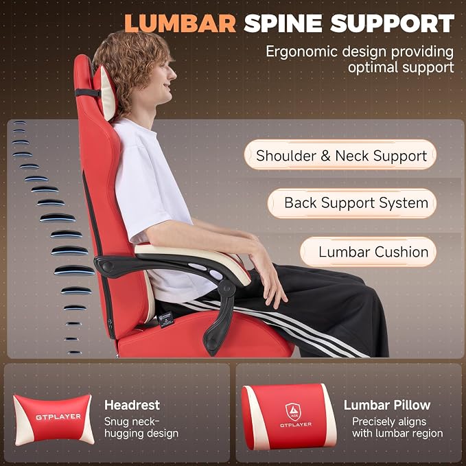 GTPLAYER Gaming Chair with Footrest, Ergonomic Office Chair 400lbs Heavy Duty, Big and Tall Computer Desk Chair with Lumbar Support and Headrest, Faux Leather 90-155° Recline Red