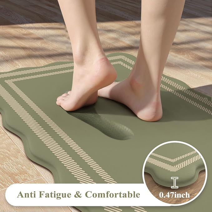 KIMODE Anti Fatigue Mats for Kitchen Floor,Farmhouse Kitchen Rugs Sets of 2 | 17"x47"+17"x29" Cushioned Kitchen Floor Mat Non Skid, Memory Foam Kitchen Mat for Laundry Office Sink Desk Dorm Olive Green