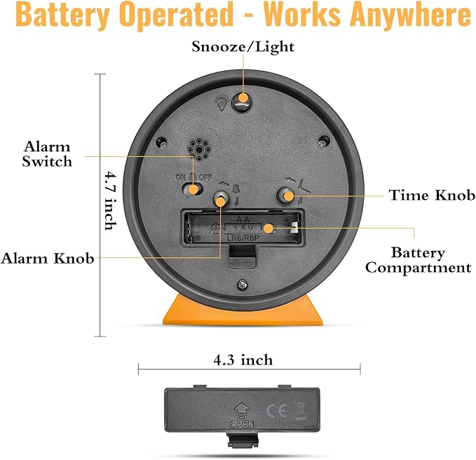 4.5 Inch Small Silent Analog Alarm Clock, Retro Battery Operated Desk Clock with Night Light Stays On 4 Seconds Vintage Metal Table Clock for Bedside, Nightstand, Bedroom, Office, Bathroom - Orange