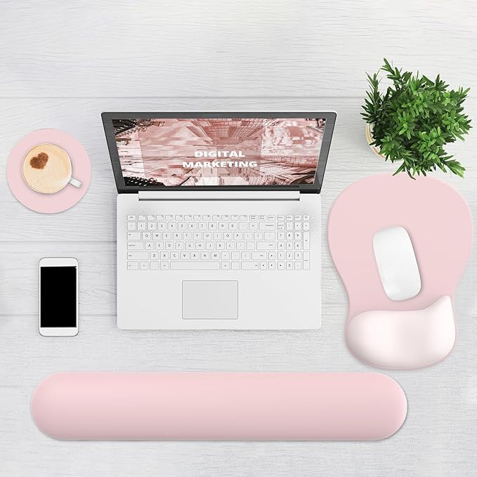 Ergonomic Mouse Pad with Wrist Rest and Keyboard Wrist Rest, Gel Mousepad and Wrist Rest for Computer Keyboard, Pain Relief, Non-Slip PU Base, Pink Mouse Pad with Wrist Support for Gaming, Office