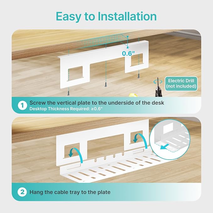 Under Desk Cable Management Tray, 15.7'' Screw-Mount Steel Rack | Metal Cord Organizer for Power Strips, Chargers, Reversible Installation, Effortless Wire Management for Home Office, White