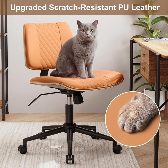 Modern Armless Office Chair with Wheels, Adjustable Swivel Desk Chair with Wide Seat and Tilt Function, Faux Leather Mid Century Task Chair for Home Office, Bedroom, Vanity, Brown