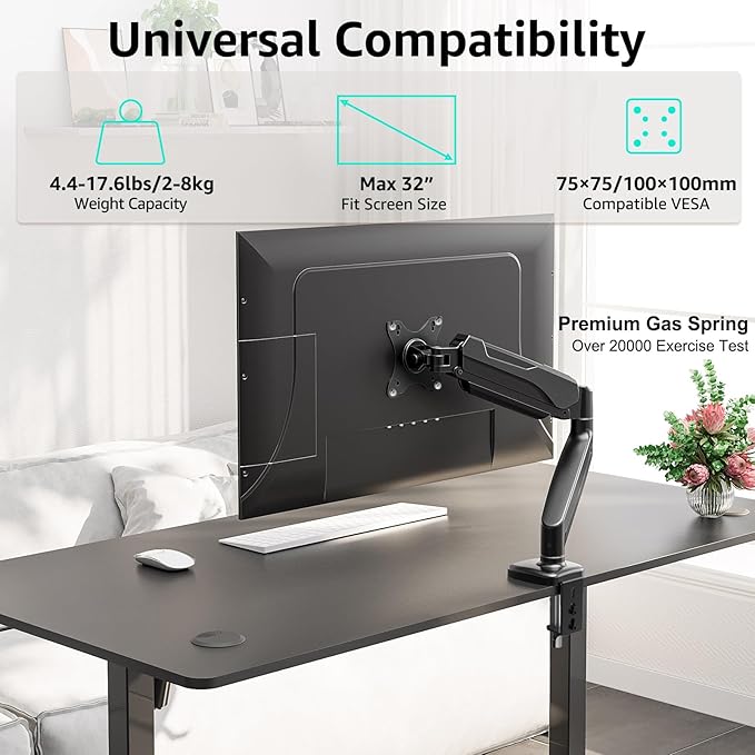 Redragon GMK914 Single Monitor Mount Stand - Gas Spring Adjustable Arms with VESA 75/100mm, 13-32 Inch Screen Compatibility, C Clamp & Grommet Base, Cable Management, 17.6lbs Load Capacity