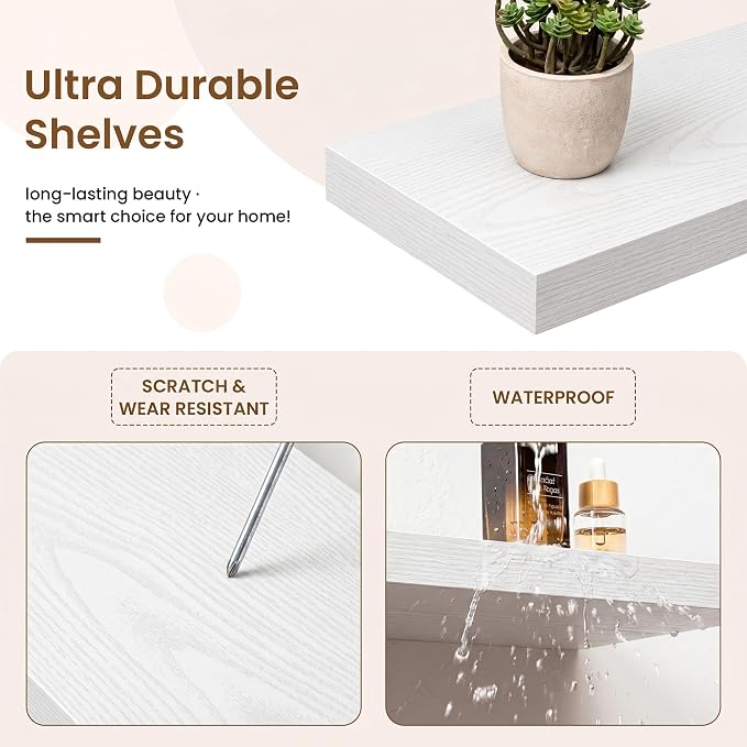 Marsmiles 55in Floating Shelves for Wall, 72" W x 9.25" D x 1.5" H, Long Wall Mounted Engineered Wood Shelves with Invisible Brackets for Living Room, Bedroom, Bathroom, Kitchen, White, 2Pcs