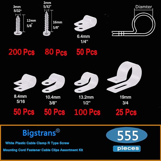 Bigtrans 555 Pcs Nylon Plastic R-Type Wire Clips with Screws 1/4" 5/16" 3/8" 1/2" 3/4" Clamps Fasteners Assortment for Cable Conduit -5 Size -White