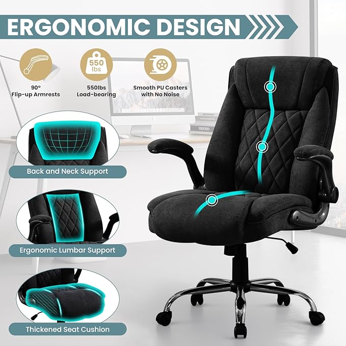Big and Tall Office Chair 550lbs Heavy Duty Executive Fabric Office Chair with Adjustable Height, Flip-Up Armrests, Wide and Thick Seat Cushion, Comfy Chair for Heavy People, Ideal for Office Work