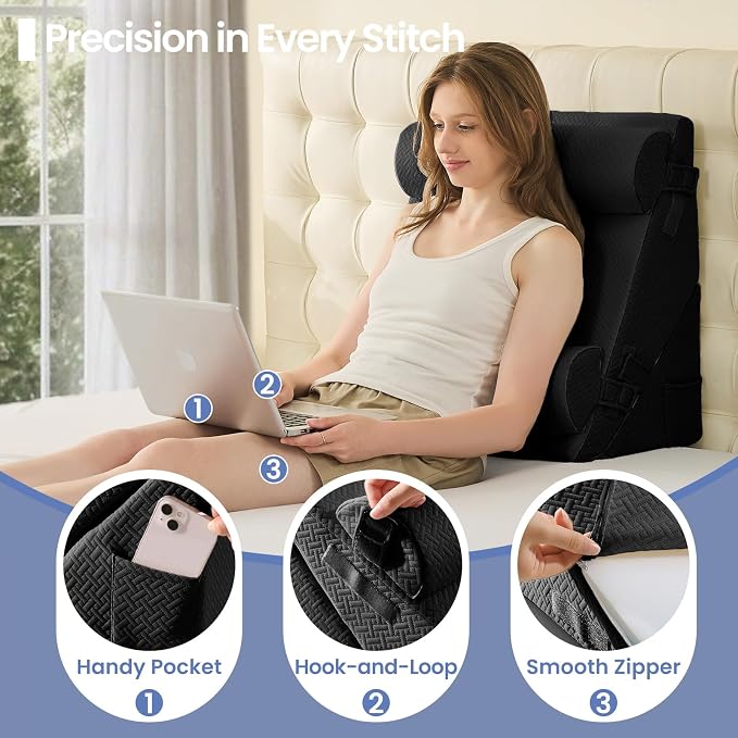 Sasttie Adjustable Wedge Pillow Set for After Surgery, Black | 2PCS Bed Wedge Pillow Headboard with Memory Foam Neck Cushion, for Acid Reflux, Sleeping, Neck & Back Support