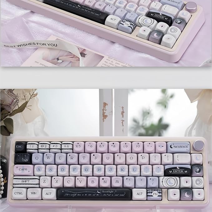 Black Pink Cute Keycaps,MOA Pofile Moonlight-Theme Custom Keycap Dye Sublimation PBT Keycaps 134 Keys Full Size Keycap Set for Cherry MX Switches 60% 75% 100% Mechanical Gaming Keyboard DIY