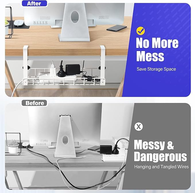 Under Desk Cable Management Tray, Xpatee Upgraded Wire Management No Drill No Screws, Cable Tray with Clamp for Wire Organizers, Computer Cord Rack for Office, Home - No Damage to Desk White