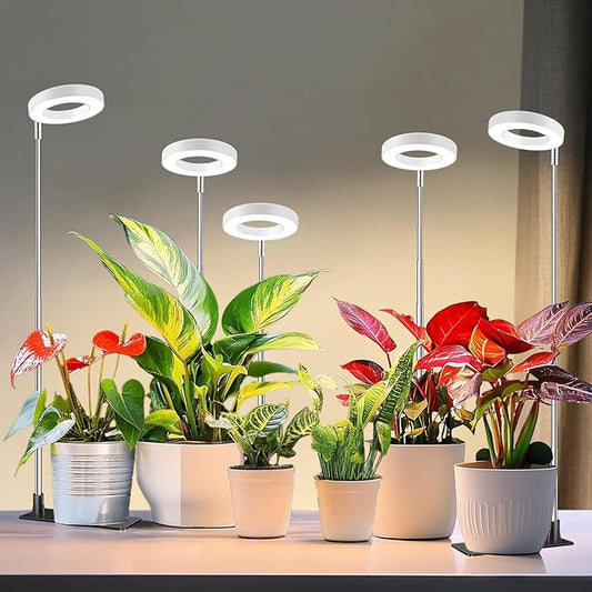 Kullsinss Grow Lights for Indoor Plants, 48 LEDs Full Spectrum Halo Plant Grow Light, Height Adjustable Growing Lamp with Detachable Base, 3/9/12Hrs Timer, 10 Brightness, 3 Color Modes, 5 Pack
