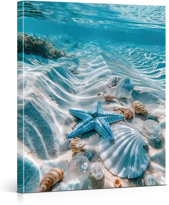 Coastal Beach Seashell Wall Art Decor Blue Ocean Starfish Painting Picture Artwork Seascape Aesthetic Wall Decor for Home Beach Room Bedroom 11x15 Canvas Framed