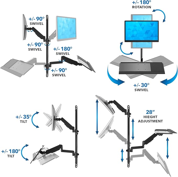 Mount-It! Single Monitor Arm Wall Mount Workstation with Keyboard Tray & CPU Holder, Height Adjustable Gas Spring Full Motion Computer Station, Fits 17–32” VESA 75x75 100x100, Black