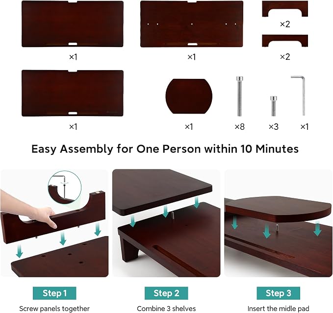 Nnewvante Dual Monitor Riser, 60 inch Bamboo Monitor Stand for Desk, Walnut | Adjustable Length Angle, 3 Shelves Desktop Screen Riser, For Computer Laptop PC